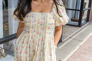 PEACH LOVE Women's Dresses Floral Stripe Mix Bubble Sleeve Smocked Maxi Dress