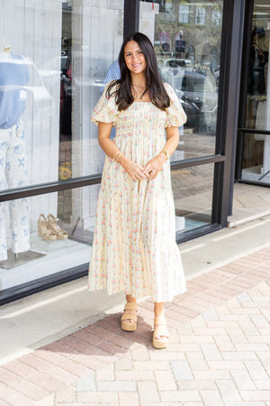 PEACH LOVE Women's Dresses Floral Stripe Mix Bubble Sleeve Smocked Maxi Dress