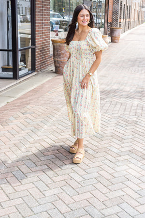 PEACH LOVE Women's Dresses Floral Stripe Mix Bubble Sleeve Smocked Maxi Dress