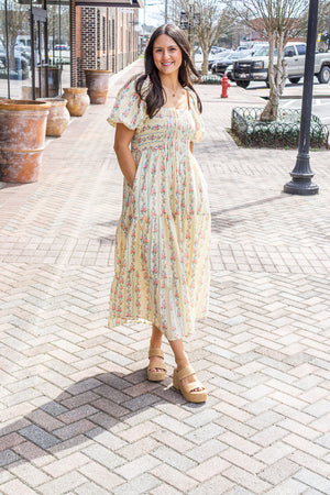 PEACH LOVE Women's Dresses Floral Stripe Mix Bubble Sleeve Smocked Maxi Dress