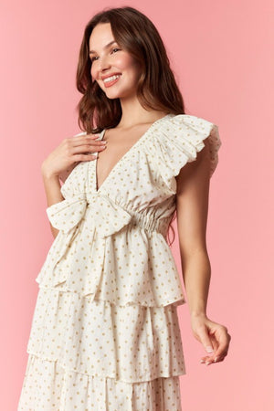 PEACH LOVE Women's Dresses Polka Dot Puff Sleeve V-neck Bow Mini Dress