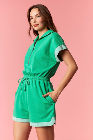 PEACH LOVE Women's Romper French Terry Stripe Band Zip-up Romper