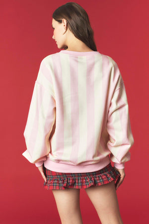 PEACH LOVE Women's Sweatshirts Stripe And Wreath Embroidery Fleeced Terry Sweatshirt