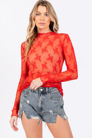 SEWN + SEEN Women's Top Long Sleeve Floral Lace Top