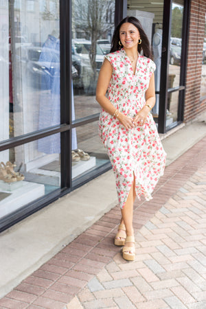 SHE AND SKY Women's Dresses Drop Shoulder Smocked Waist Front Zip Printed Midi Dress