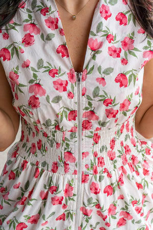 SHE AND SKY Women's Dresses Drop Shoulder Smocked Waist Front Zip Printed Midi Dress