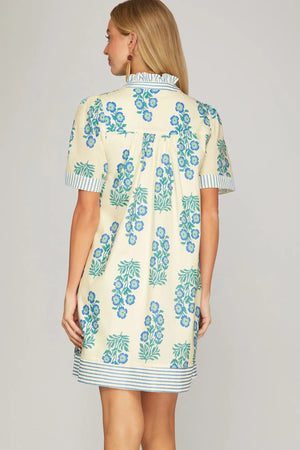 SHE AND SKY Women's Dresses Short Sleeve Ruffled Neck Button Down Printed Mini Dress with Pockets