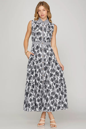 SHE AND SKY Women's Dresses Sleeveless Button Down Tropical Print Woven Maxi Shirt Dress With Contrast Detail And Pockets