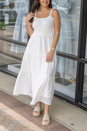 SHE AND SKY Women's Dresses Sleeveless Tie Strap Textured Woven Midi Tiered Dress With Pockets And Full Lining