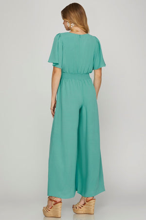 SHE AND SKY Women's Pants Flounce Sleeve Waist Smock Wide Leg Woven Jumpsuit || David's Clothing