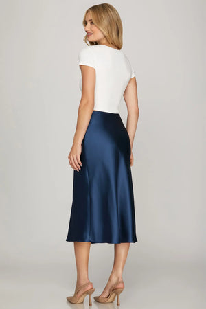 SHE AND SKY Women's Skirts Satin Bias Midi Skirt With Elastic Waistband