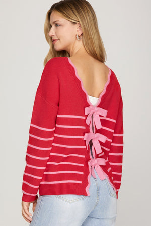 SHE AND SKY Women's Sweaters Long Sleeve Striped Bow Detail Reversible Sweater Cardigan