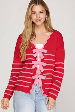 SHE AND SKY Women's Sweaters Long Sleeve Striped Bow Detail Reversible Sweater Cardigan