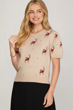 SHE AND SKY Women's Sweaters Short Puff Sleeve Reindeer Pattern Sweater Top