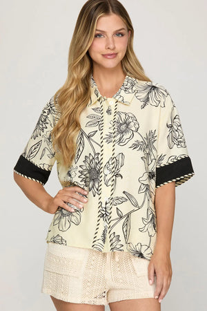 SHE AND SKY Women's Top Half Sleeve Button Down Woven Print Shirt Top With Contrast Detail