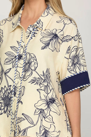 SHE AND SKY Women's Top Half Sleeve Button Down Woven Print Shirt Top With Contrast Detail