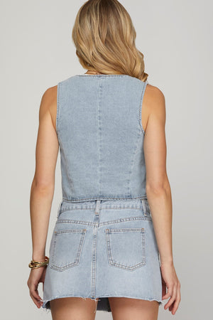 SHE AND SKY Women's Top Washed Denim Vest