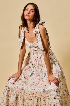 SO ME Women's Dresses Floral Cotton Ruched Bodice Tie Lined Midi Dress