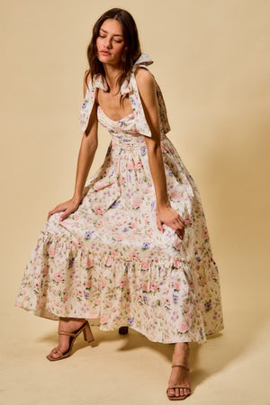 SO ME Women's Dresses Floral Cotton Ruched Bodice Tie Lined Midi Dress