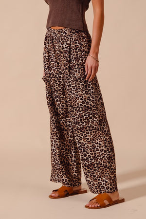 SO ME Women's Pants Leopard Print Wide Leg Pants With Big Patch Pocket