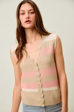 SO ME Women's Sweaters Multi Color Stripe Sweater Vest With Scallop Edge