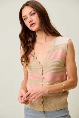 SO ME Women's Sweaters Multi Color Stripe Sweater Vest With Scallop Edge
