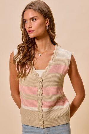 SO ME Women's Sweaters Multi Color Stripe Sweater Vest With Scallop Edge