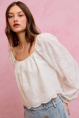 SO ME Women's Top Cotton Gauze Eyelet Scallop Edge Blouse Top