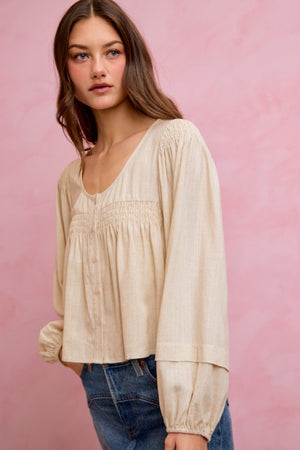 SO ME Women's Top Linen Blend Woven Long Sleeve With Smocking Top