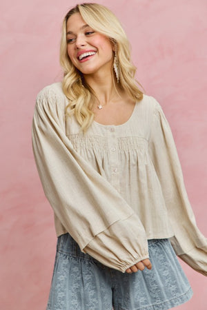 SO ME Women's Top Linen Blend Woven Long Sleeve With Smocking Top