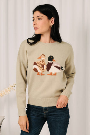 SUNDAY EDITION Women's Sweaters LT GREEN / S Round Neck Mallard Duck Graphic Long Sleeve Knit Sweater OWT1191