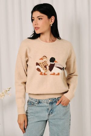 SUNDAY EDITION Women's Sweaters OATMEAL / S Round Neck Mallard Duck Graphic Long Sleeve Knit Sweater OWT1191