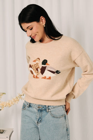 SUNDAY EDITION Women's Sweaters Round Neck Mallard Duck Graphic Long Sleeve Knit Sweater