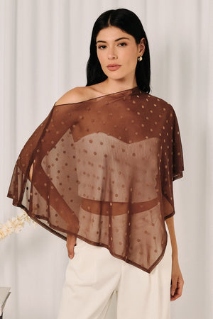 SUNDAY EDITION Women's Top Brown Polka Dot Mesh Boat Neck Handkerchief Poncho