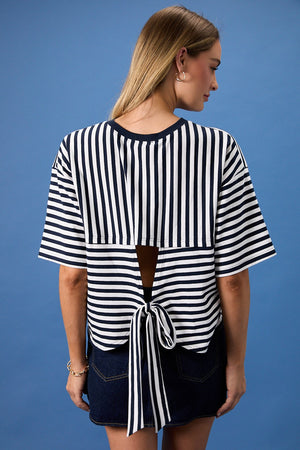 SUNDAY EDITION Women's Top Striped Boxy Oversized Tee Cutout Open Tie Back
