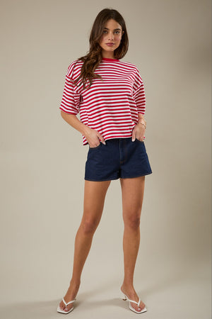SUNDAY EDITION Women's Top Striped Boxy Oversized Tee Cutout Open Tie Back