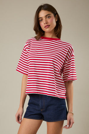 SUNDAY EDITION Women's Top Striped Boxy Oversized Tee Cutout Open Tie Back