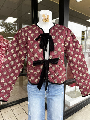 THML Women Jackets Velvet Bow Floral Quilted Jacket