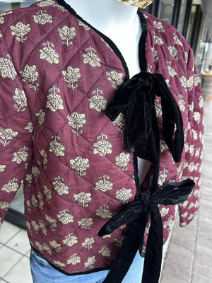 THML Women Jackets Velvet Bow Floral Quilted Jacket