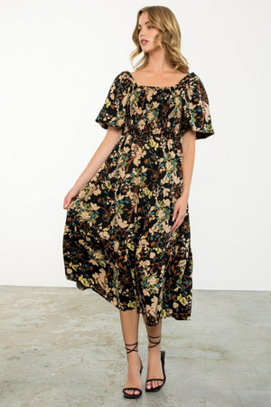 THML Women's Dresses Puff Sleeve Smocked Floral Dress