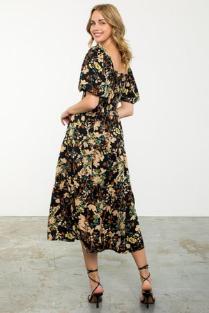 THML Women's Dresses Puff Sleeve Smocked Floral Dress