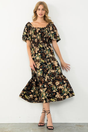 THML Women's Dresses Puff Sleeve Smocked Floral Dress