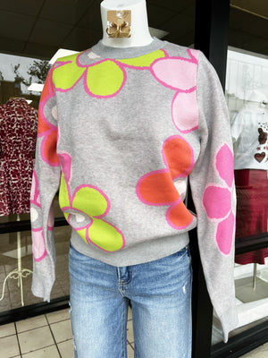 THML Women's Sweaters HOT PINK / XS Color Block Flower Knit Sweater TMK2223