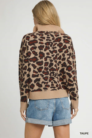 UMGEE USA Women's Sweaters Leopard Print Quarter-Zip Knit Sweater