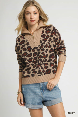UMGEE USA Women's Sweaters Leopard Print Quarter-Zip Knit Sweater