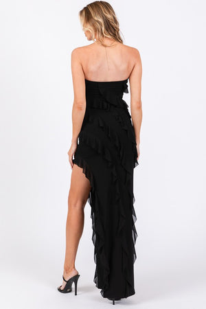 VINTAGE STORE Women's Dresses Tube Mesh Frilled Slit Side Dress