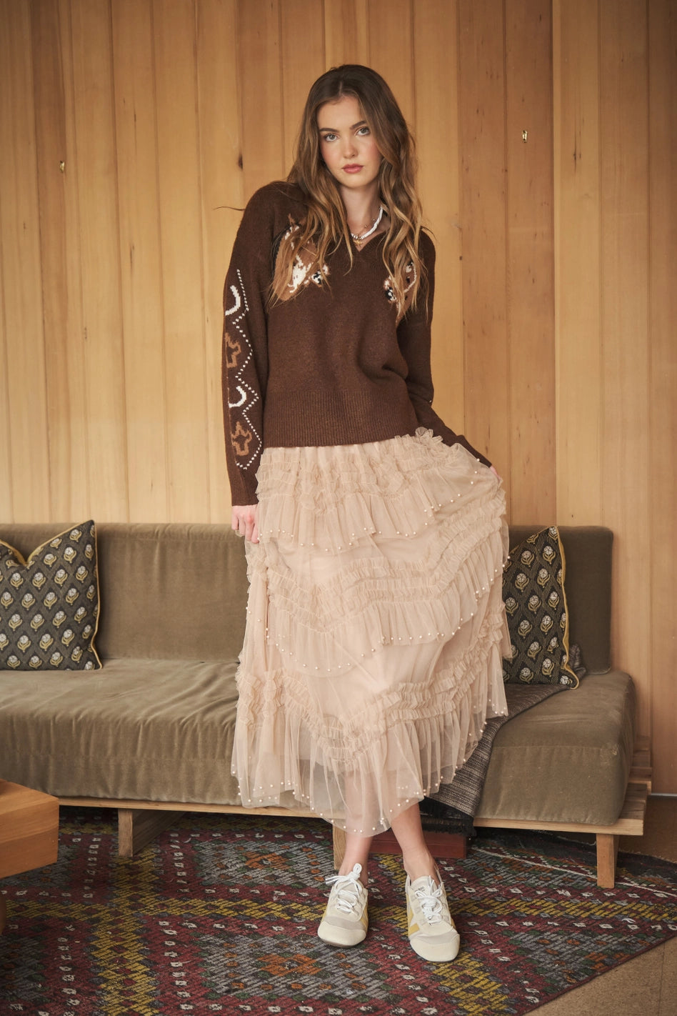 Tiered Ruffle Tulle Skirt with Pearls
