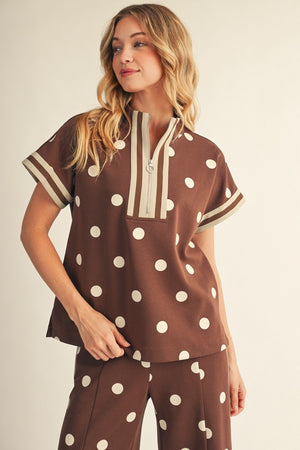 Front Zip Up Polka Dot Casual Top