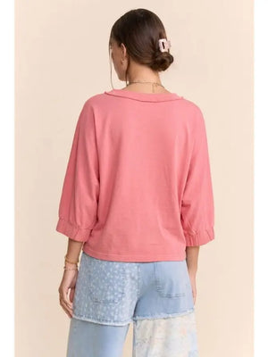 Raw Edge Boat Neck Puff Sleeve Knit Top