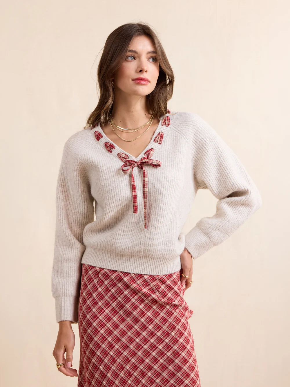 Sadie and Sage Hostess Plaid Lace Trim Sweater